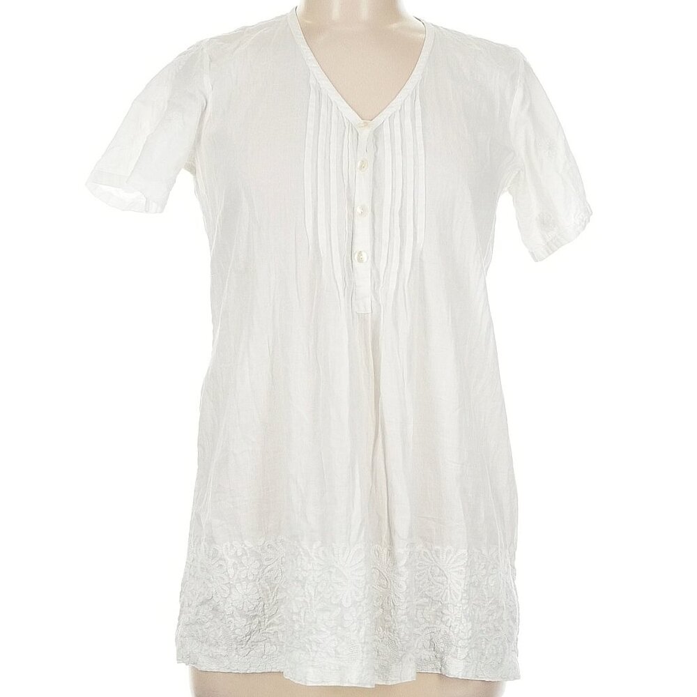 Ivory Cotton Tunic Top with Embroidered Hem – Size M